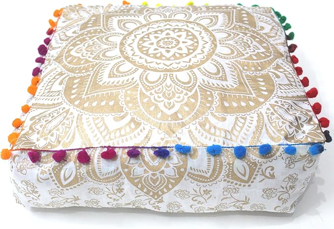 CRAFT KALA 24" Square Large Hippie Mandala Meditation Floor Ottoman Pillow Cushion Pouf Cover Square Poufs Bohemian Circle Floor Cushion Case Outdoor Fireplace Living Decor Cover White Gold Flower