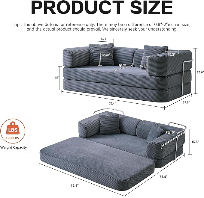 KEIKI 75" Modern Floor Sofa Bed with Convertible Blanket Pillow,Enhanced Frame Stability,Compressed Couch for Bedroom