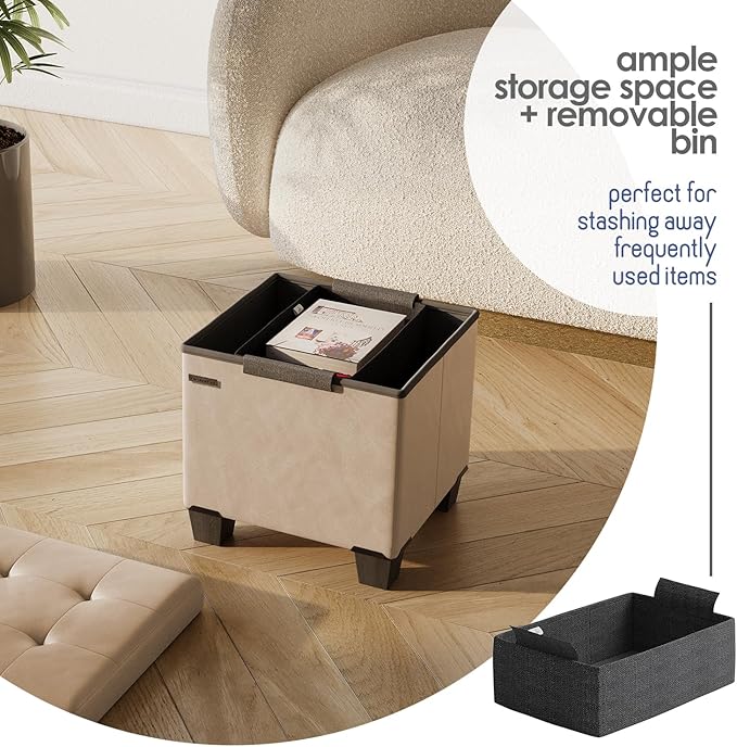 Storage Ottoman Cube with Small Bin, 16-in Square Ottoman with Storage for Living Room and Bedroom, Small Ottomans Foot Rest, Faux Leather Foot Stools Ottomans Max 330lbs, Taupe