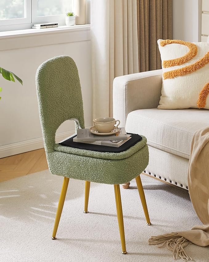 IBUYKE Small Storage Vanity Stool with Folding Backrest, 12.99" x 13.78" x 31.5" Square Teddy Velvet Ottoman, Makeup Chair for Living Room, 4 Metal Legs with Anti-Slip Feet, Green WBD027D