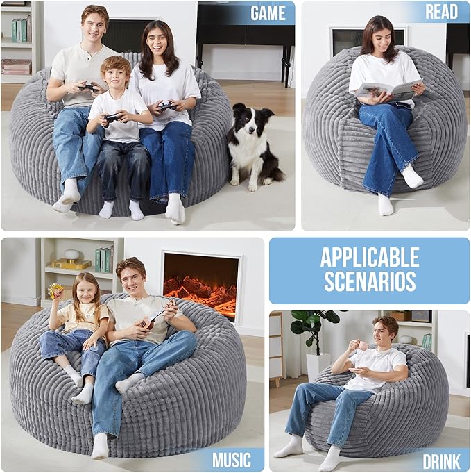 Homguava 3 FT Bean Bag Chair,3' Big Bean Bag,Large Bean Bag Chairs for Adults with Memory Foam Filled,Comfy Beanbag Chairs Soft Bean Bag Sofa with Dutch Corded Plush Cover-Dark Grey