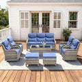 Pugire Luxury High Back Patio Furniture Set with 6-Inch Thick Cushions, 8-Pieces Outdoor Furniture with Swivel Chairs, Wicker Conversation Set for Porch, Balcony, Deck and Yard, Grey/Blue
