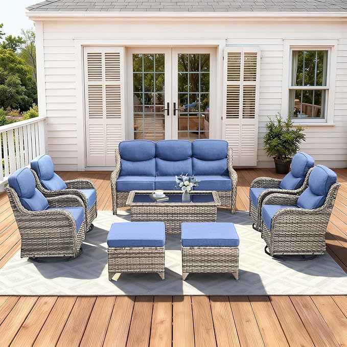 Pugire Luxury High Back Patio Furniture Set with 6-Inch Thick Cushions, 8-Pieces Outdoor Furniture with Swivel Chairs, Wicker Conversation Set for Porch, Balcony, Deck and Yard, Grey/Blue