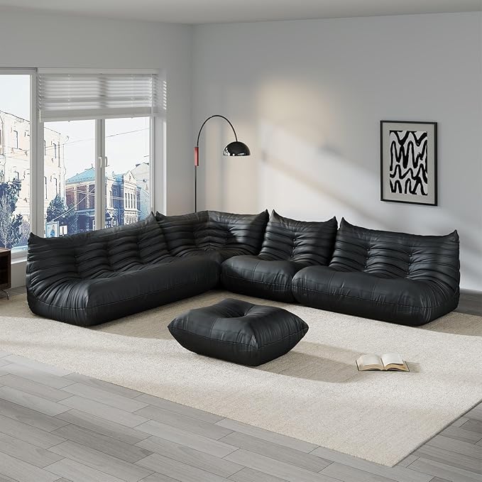 Comfy Lazy Floor Sofa Couch,Soft Armless Chair,Corner Faux Leather Lounge Chair,Corner Relax Sofa Couch for Living Room Bedroom,Salon Office,Adults(Corner+3P++2P+1P+Ottoman)