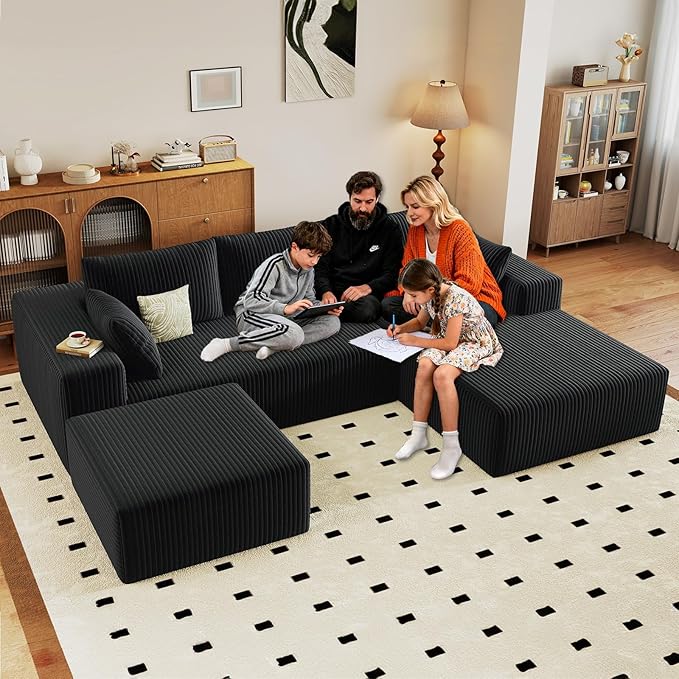 96" W Cloud Sectional Couch with Ottoman,Modern U-Shaped Cloud Couch with Deep Seat,Comfy Corduroy 3-Seater Sofa,Memory Foam Sofa for Living Room,No Assembly (Black,Right-Facing Chaise)