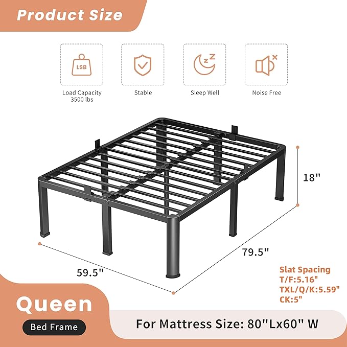 VIPSHOW 18 Inch Queen Heavy Duty 3500 lbs Bed Frame with Round-Corner Legs & Anti-Squeak Design – Quick Assembly Metal Platform, No Box Spring Needed
