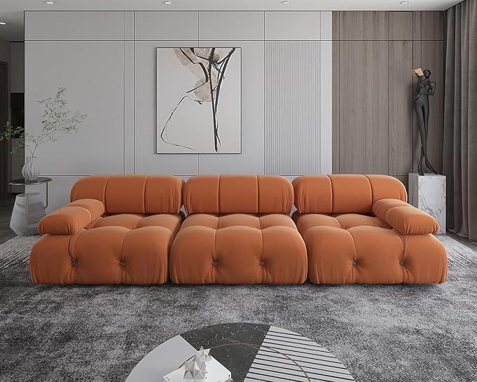 JACH Convertible Modular Sectional Couch, 104" Minimalist Mid-Century Velvet Sofas, Modern Comfy Deep 3-Seat Couches Sectional for Living Room Office Apartment (Orange)