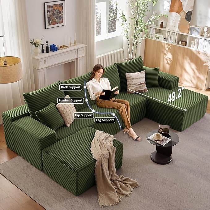 Lakifun 135" U-Shape Cloud Couch, Modern Modular Sectional Comfy L-Shape Sofa with Ottoman, Deep Seat, Upholstered Corduroy Sleeper Chaise Longue for Living Room Bedroom, No Assembly Required, Green