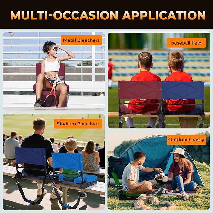 behairity Adjustable Stadium Seats with Back Support – 4-Position Reclining Bleacher Chairs with Padded Cushion, Foldable Portable Stadium Chair with Front Pocket and Shoulder Strap (Black)