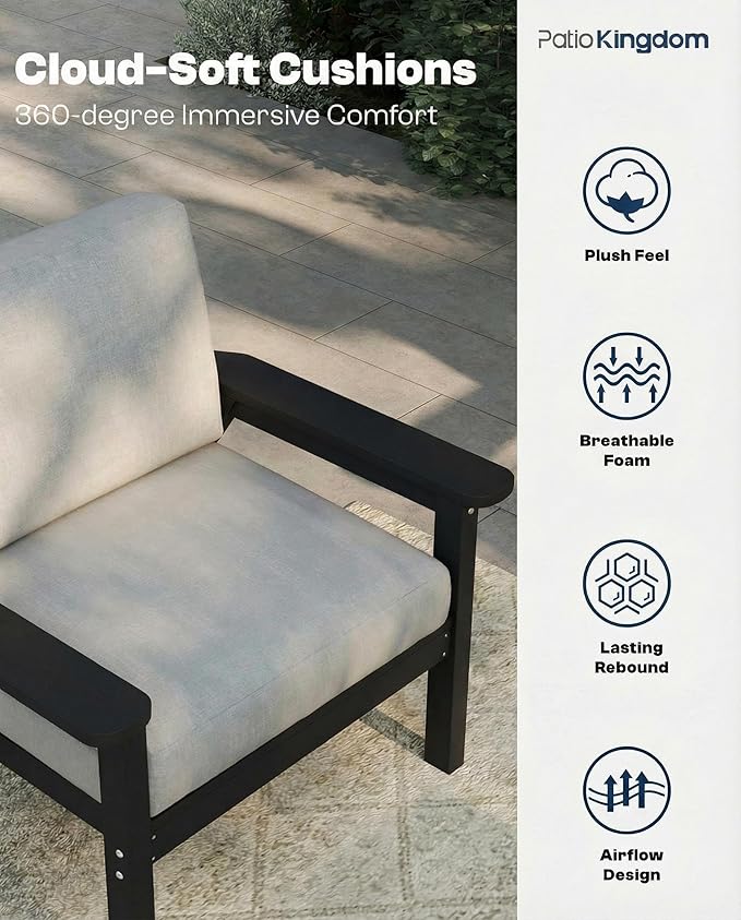 Patio Kingdom Patio Furniture Set 7 Seats, HDPE Outdoor Sectional with Gray Washable Thick Cushions, Coffee Table, Patio Conversation Sets for Lawn, Garden, Porch, Balcony, Deck (Black Frame)