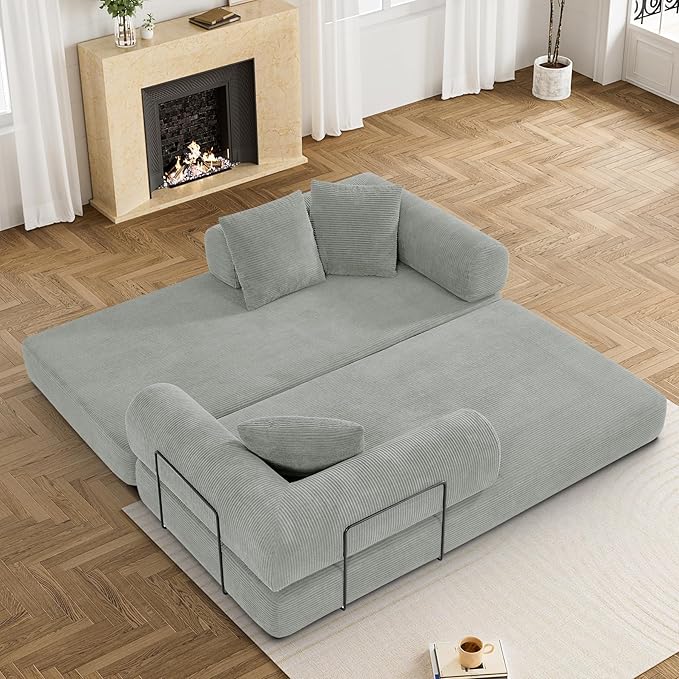 DAMAIFROM Convertible Sleeper Sofa Bed with Pillow, 4-in-1 Corduroy Folding Mattress Couch with Fixed-Shape Frame, Futon Fold Out Floor Sofa Cama Lounge Couch for Living Room Bedroom, Light Grey