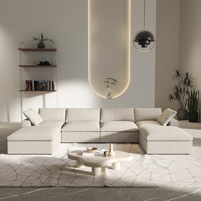 U-Shaped Cloud Sectional Couch, Oversize Modular Sofa, Modern Comfy Cloud Sofa with Storage Ottomans, Covers Removable, Convertible Sleeper Couch for Living Room Apartment (Khaki, Linen Fabric)
