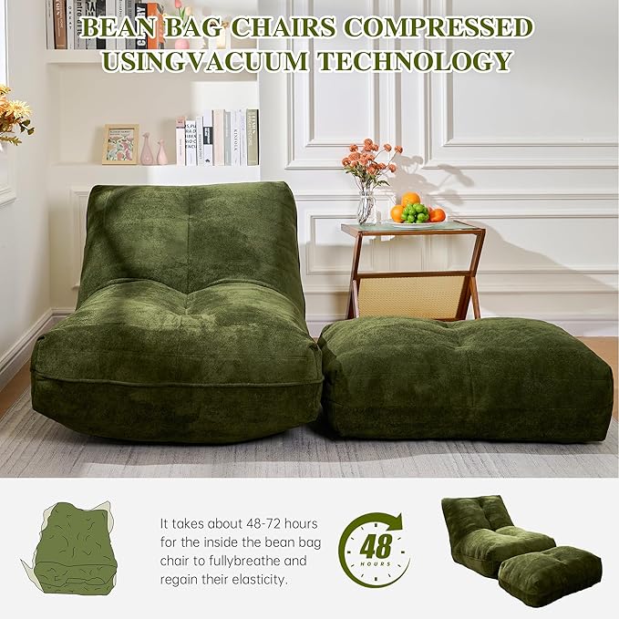 Cvortll Bean Bag Chair with Ottoman, Comfy Bean Bag Sofa with Memory Foam, Lazy BeanBag Sofa with Footstool, Fireside Bean Bag Couch for Living Room, Bedroom, Apartment (Green)