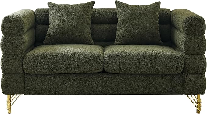 mikibama Modern Teddy Loveseat Sofa, 60 Inch Sectional Sofa Couch, Luxury 2 Seater Deep Couch with 2 Pillows and Gold Metal Legs for Living Room, Bedroom, Apartment (Green)