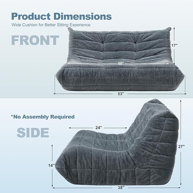 Bean Bag Loveseat Chair Big Sofa Beanbag Chair for Adults Fireside Chair Bean Bag Lounger with Memory Foam Filled for Home,Apartment or Gaming Venue（Grey Plush）
