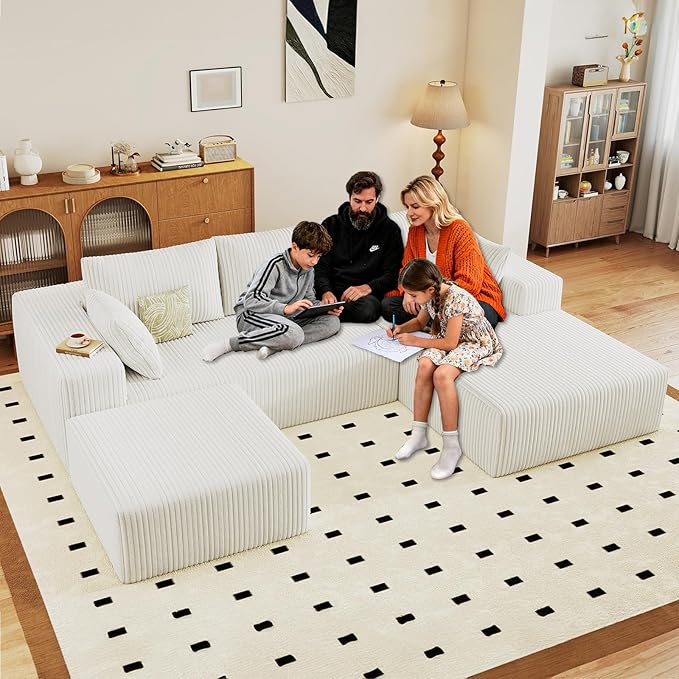 96" W Cloud Sectional Couch with Ottoman,Modern U-Shaped Cloud Couch with Deep Seat,Comfy Corduroy 3-Seater Sofa,Memory Foam Sofa for Living Room,No Assembly (White,Right-Facing Chaise)