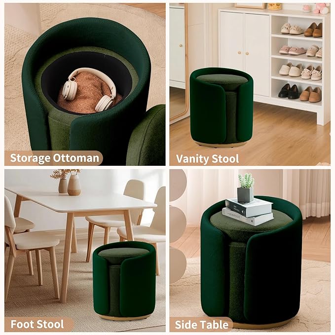 Vanity Chair with Storage, Round Velvet Vanity Stool No Wheels, Swivel Ottoman Chair with Upholstered for Women, Makeup Chair Accent Stool for Living Room, Bedroom, Gold Base, Green