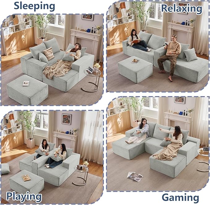 107" W Cloud Sectional Couch with Ottoman,Modern U-Shaped Cloud Couch with Deep Seat,Comfy Corduroy 3-Seater Sofa,Memory Foam Sofa for Living Room,No Assembly (Grey,Left-Facing Chaise)