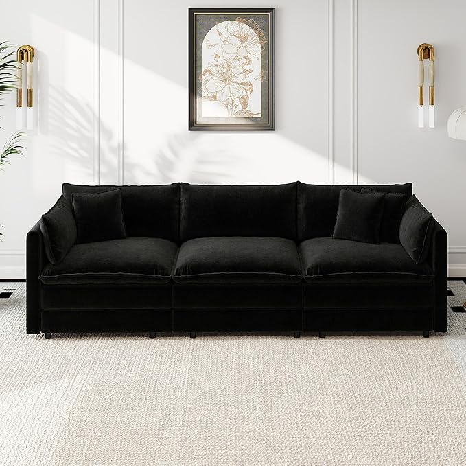 Aoowow Modular Sectional Sofa,112.2 Inch Deep 3-Seater Sofas Comfy Chenille Cloud Sofas and Couches with Pillows for Living Room Apartment（Black）
