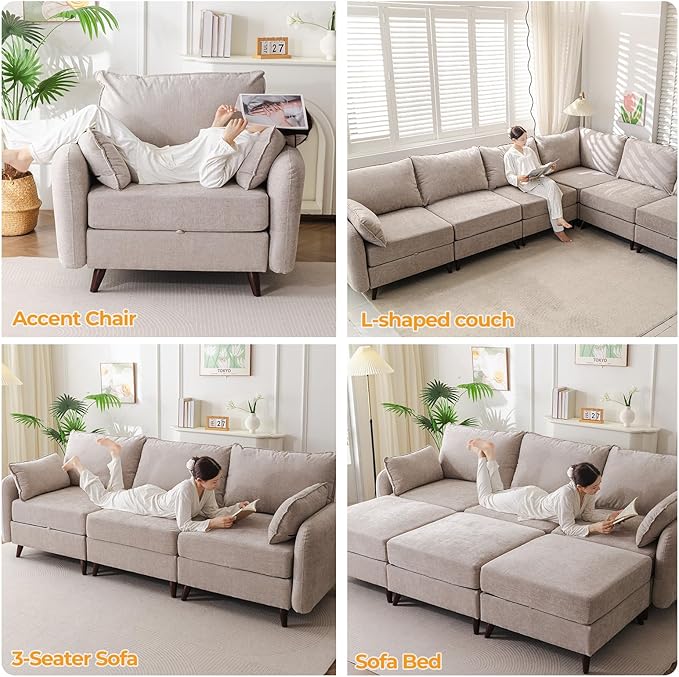 Rexulqo 104'' Modular Sectional Sofa with All Seats Storage, Oversized L Shaped Couch for Living Room,3-Seater Comfy Cloud Couches with Movable Ottoman,Big Sectional for Bedroom,Velet,Khaki
