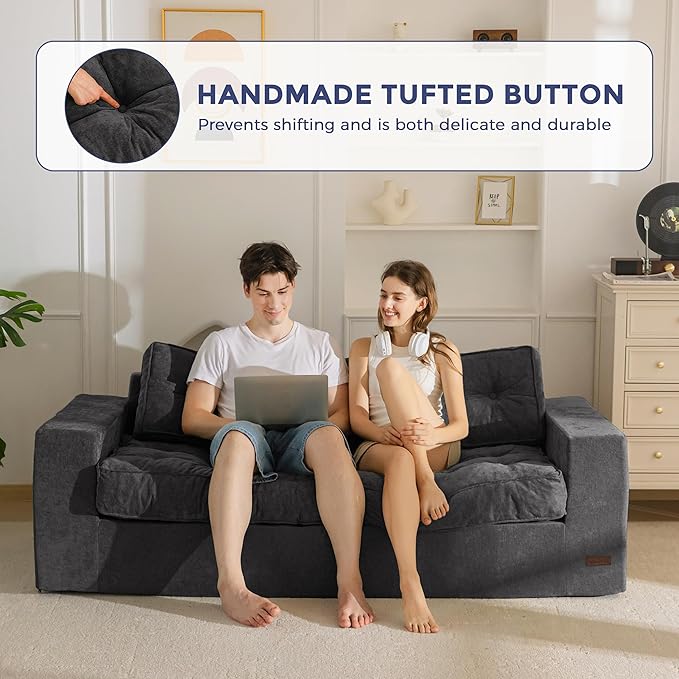 MAXYOYO Boneless Sofa Couch, Loveseat Sofa for Small Space, Tufted 3-Seater Floor Couch Bean Bag Chair for Living Room Bedroom Apartment, Sofa in a Box, No Assembly Needed, Dark Grey
