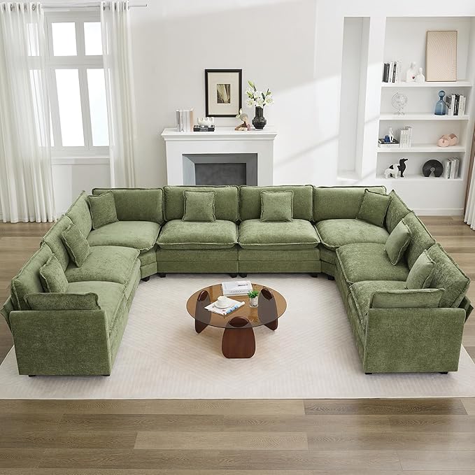 147'' Oversized U Shaped Cloud Sectional Sofa, Chenille Deep Seat Couches for Living Room, Comfy Upholstered Modular Sectional Sofa Couch, Green