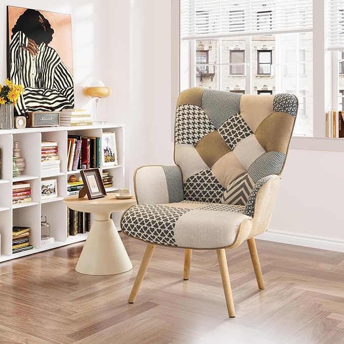 Accent Chair, Living Room Chair, Modern High Back Armchair, Colorful Patchwork Reading Chairs for Bedroom, Lounge Chair with Linen Fabric Shell and Solid Wood Feets (1, Gray)
