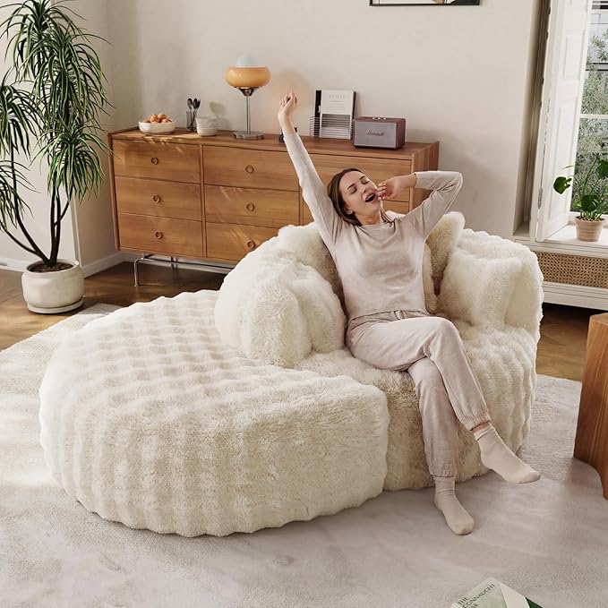 55" W Oversized Round Chaise Lounge Chair with Ottoman Indoor Boneless Faux Fur Plush Fluffy Circle Couch Soft Comfy Cozy Cloud Reading Chair for Living Room, Playroom, Bedroom - Beige White