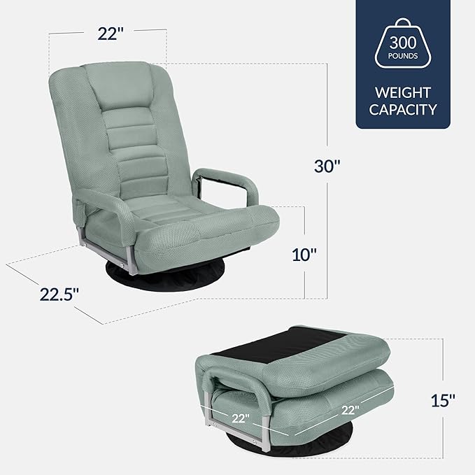 Best Choice Products Swivel Gaming Chair 360 Degree Multipurpose Floor Chair Rocker for TV, Reading, Playing Video Games w/Lumbar Support, Armrest Handles, Adjustable Foldable Backrest - Sage Green
