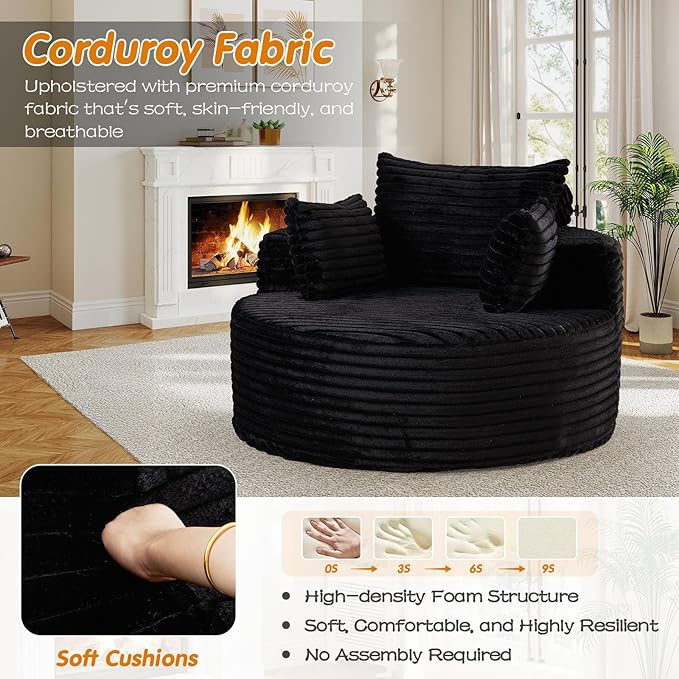 50"W Oversized Round Chaise Lounge Chair Indoor, Upholstered Corduroy Deep Seat Cloud Circle Sofa Chair, Modern Fluffy Comfy Floor Reading Armchair for Living Room, Bedroom, No Assembly Required,Black