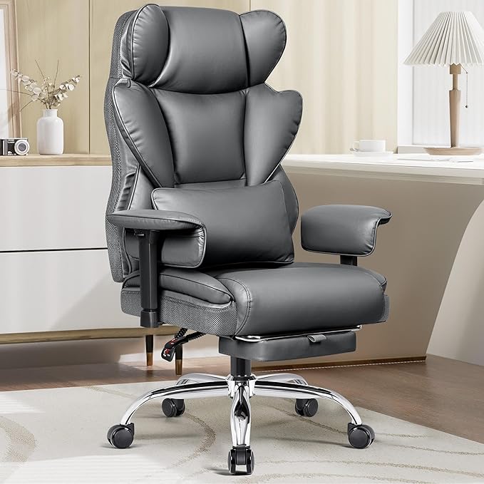 BESTFAIR Big and Tall Office Chair - High Back Executive Chair with Footrest & Lumbar Support for Heavy People, Adjustable Arms, Padded Wide Seat Computer Gaming Chair, Heavy Duty, Gray