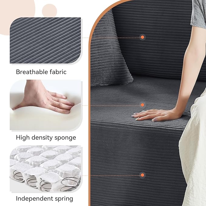 83" Sofa in a Box, 3 Seater Couch No Assembly Boneless Sofa Bed with Cushion Back 2 Pillows Deep Seat Corduroy Fabric Side Storage Pockets for Living Room, Bedroom, Apartment, Office, Deep Grey