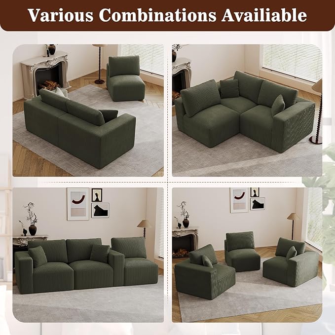 110" Modular Sectional Sofa, Cloud Couch Memory Foam 3-Seater Boneless Sofa, Cozy Upholstered Corduroy Frameless Couch, No Assembly Required Extra Wide Seating for Living Room & Apartment, Green