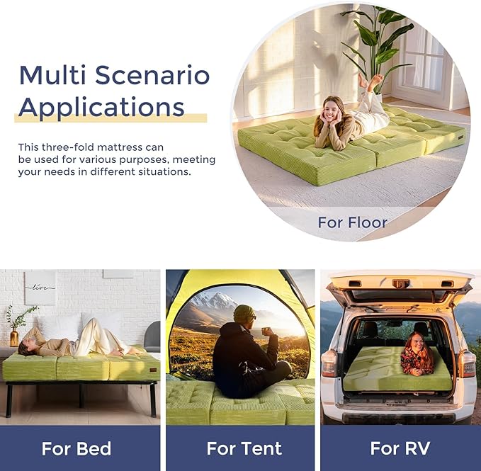 MAXYOYO Tri-Fold Mattress, 6 Inch Tufted Folding Futon Foam Bed, Foldable Floor Mattress Guest Bed Futon Topper Portable Camping Sleeping with Corded Fabric, Green, 59"x79"