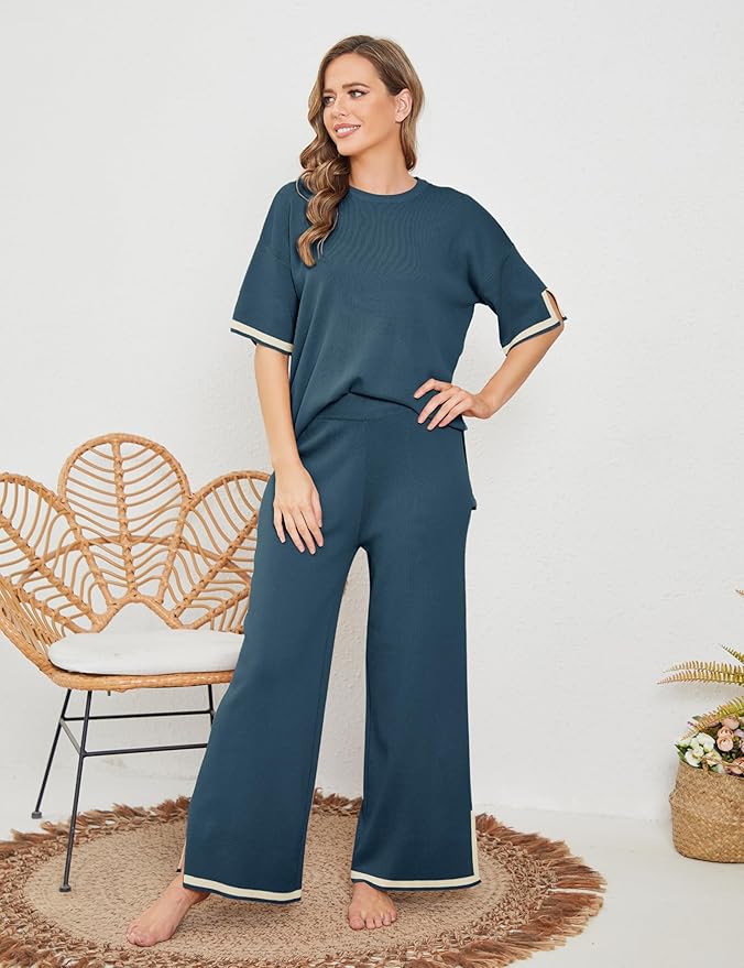 Faleave Womens Knit 2 Piece Sweater Sets Short Sleeve Pullover Tops Elastic Waist Wide Leg Pants Lounge Set