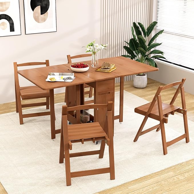 Bamboo Folding Dining Table Set for 4, Extendable Drop Leaf Foldable Table with Lockable Wheels & Storage for Small Spaces Kitchen Dining Room, Collapsible Dinette Expandable Rectangle (Brown)