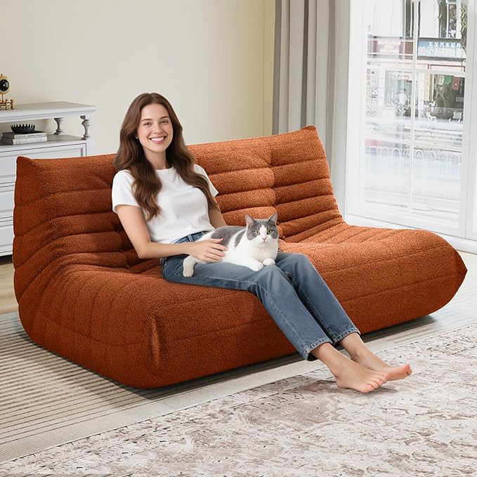 Selyteramy 3 Seat Oversized Bean Bag Chairs for Adults, Memory Foam Fireside Beanbag Couch, Comfy Bean Bag Lounger Lazy Sofa for Living Room, Bedroom, Playroom, Orange