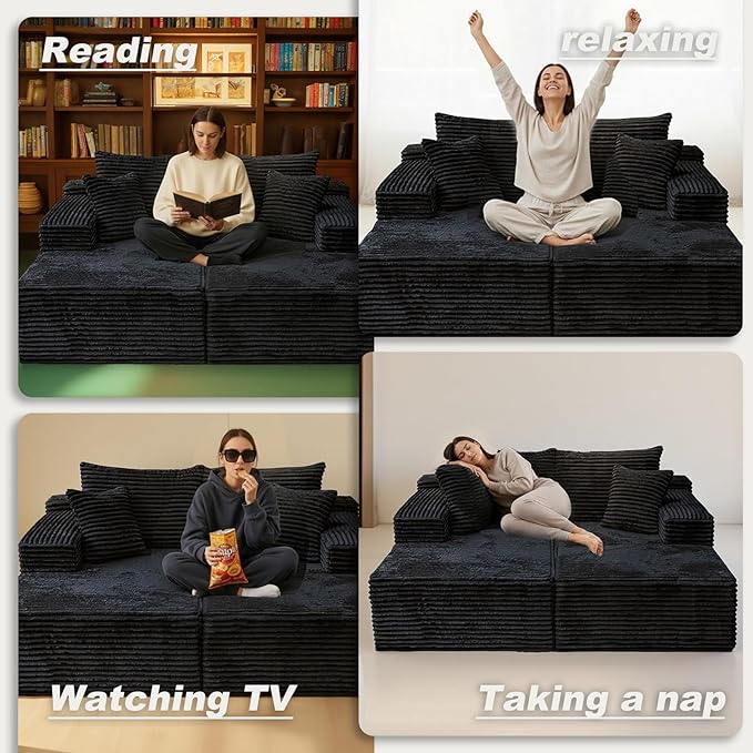 Oversized Double Chaise Lounge Chair Indoor, Upholstered 72'' Boneless Cloud Sofa Bed Sleeper Couch Loveseat, No Assembly Faux Rabbit Fur Memory Foam Reading Chair for Living Room Bedroom Black