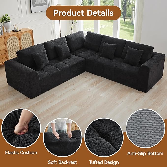 110''Modular Sectional Couches for Living Room, Cloud Boneless Compressed Sectional Sofa, Oversized L Shaped 5 Seater Upholstered Memory Foam Sofa, No Assembly, Chenille Black