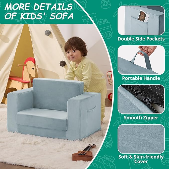Kids Couch, 2-in-1 Toddler Chair Comfy 1-3 Years, Convertible Kids Chair, Toddler Couch That Fold Out, Kid Lounge Chairs for Boys and Girls, Soft Coral Fleece, Blue
