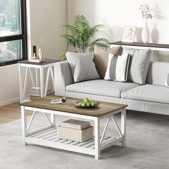 UYIHOME Farmhouse Coffee Table for Living Room, 2-Tier Rectangular Wooden Centre Cocktail Table with Slats Shelf Storage and V-Shaped Frame (Walnut Top)