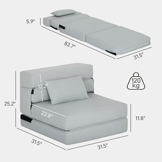 HOMCOM Folding Sofa Bed, Sleeper Chair with Pillow, Modern Linen Convertible Chair Bed, Fold Out Floor Futon Couch for Living Room, Dorm, Guest Use, Home Office, Light Gray