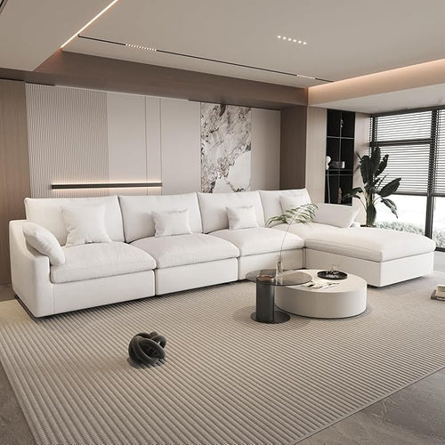 156" Cloud Couch Modular Sectional Sofa with Ottoman,L Shaped Down Couch, Down Filled Convertible Sofa,Cover Washable and Replaceable Couches for Living Room,White