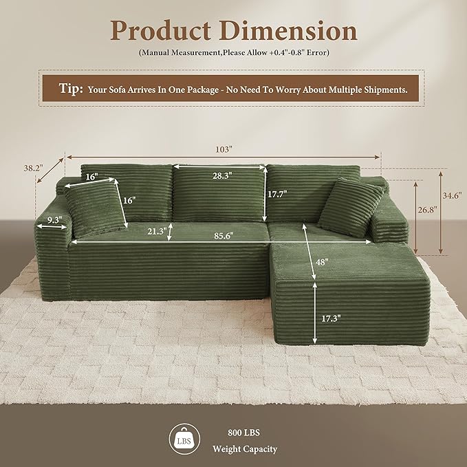 105" Sectional Couches for Living Room Cloud Couch Sofa with L-Shape Upholstered Boneless Couchs Modern Modular Sectional Couch with Chaise (Green, 105" W+Right Facing Chaise+2Seaters)