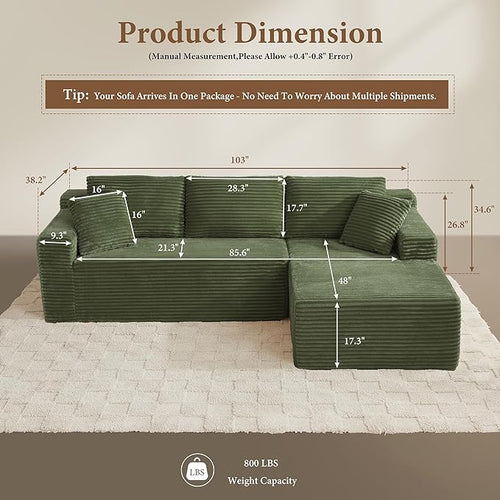 105" Sectional Couches for Living Room Cloud Couch Sofa with L-Shape Upholstered Boneless Couchs Modern Modular Sectional Couch with Chaise (Green, 105" W+Right Facing Chaise+2Seaters)