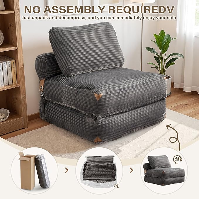 75'' Foldable Sofa Bed,Convertible Folding Sleeper Chair Bed,Grey Foldable Single Sofa Foam Filling Couch with Pillow, Comfy Corduroy Lazy Floor Sofa for Small Room Bedroom Apartment