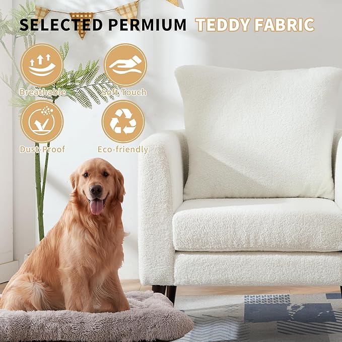 QKFF Barrel Accent Chair Set of 2 with Back Pillow, Large Teddy Upholstered Armchair with Solid Wood Legs Modern Reading Chairs for Living Room Bedroom