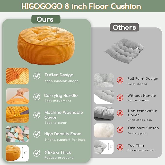8" Washable Floor Pillow Cushion for Adults, Meditation Cushion Pillow, Large Round Floor Sitting, Removable Tufted Corduroy Cover, for Tatami Living Room or Yoga, 22x22 Inch, 2Pack, Machine Washable
