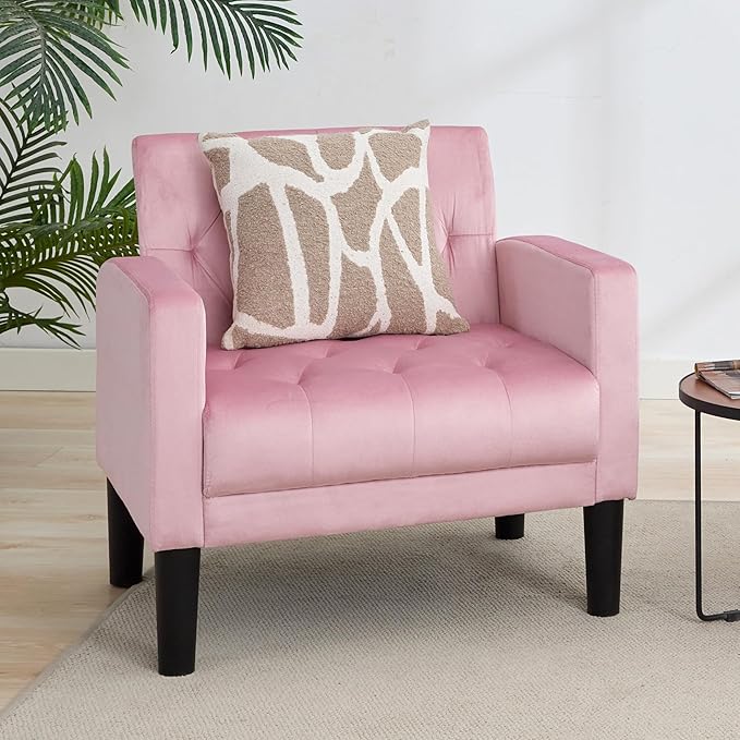 TYBOATLE Mid-Century Fabric Tufted Accent Living Room Armchairs, Comfy Modern Upholstered Bedroom Office Armchair Single Sofa, Reading Lounging Side Lounge Chair Living Room Furniture (Pink)