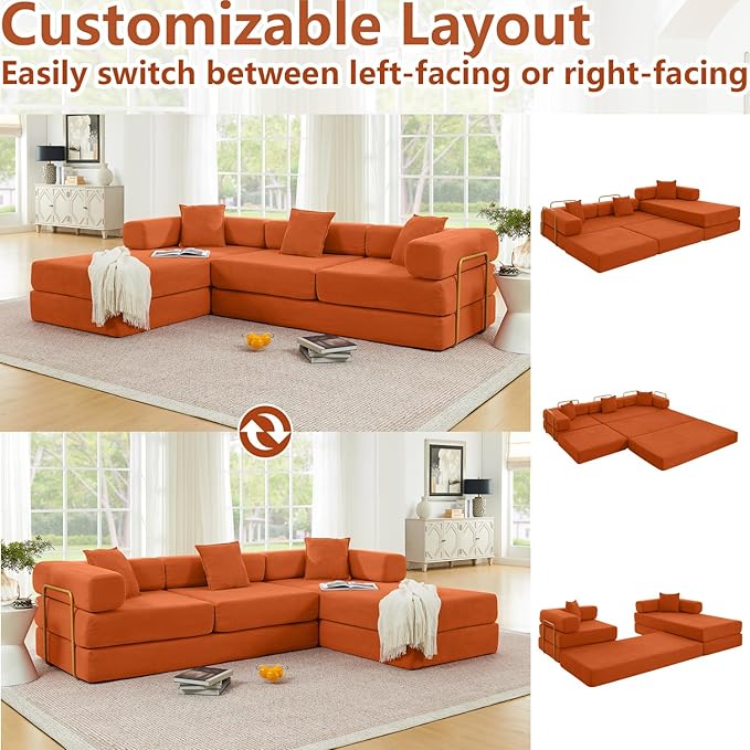 HANXIN 108" Modular Sectional Sofa,Futon Convertible Sofa Bed,Oversized Corduroy Boneless Couch for Living Room,Floor Loveseat Sleeper with Pull Out Bed,Free Combination,No Assembly Required (Orange)